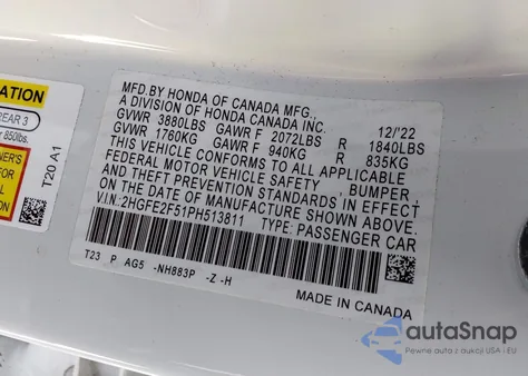 2023 Honda Civic Sport из США, поврежденный, VIN 2HGFE2F51PH513811